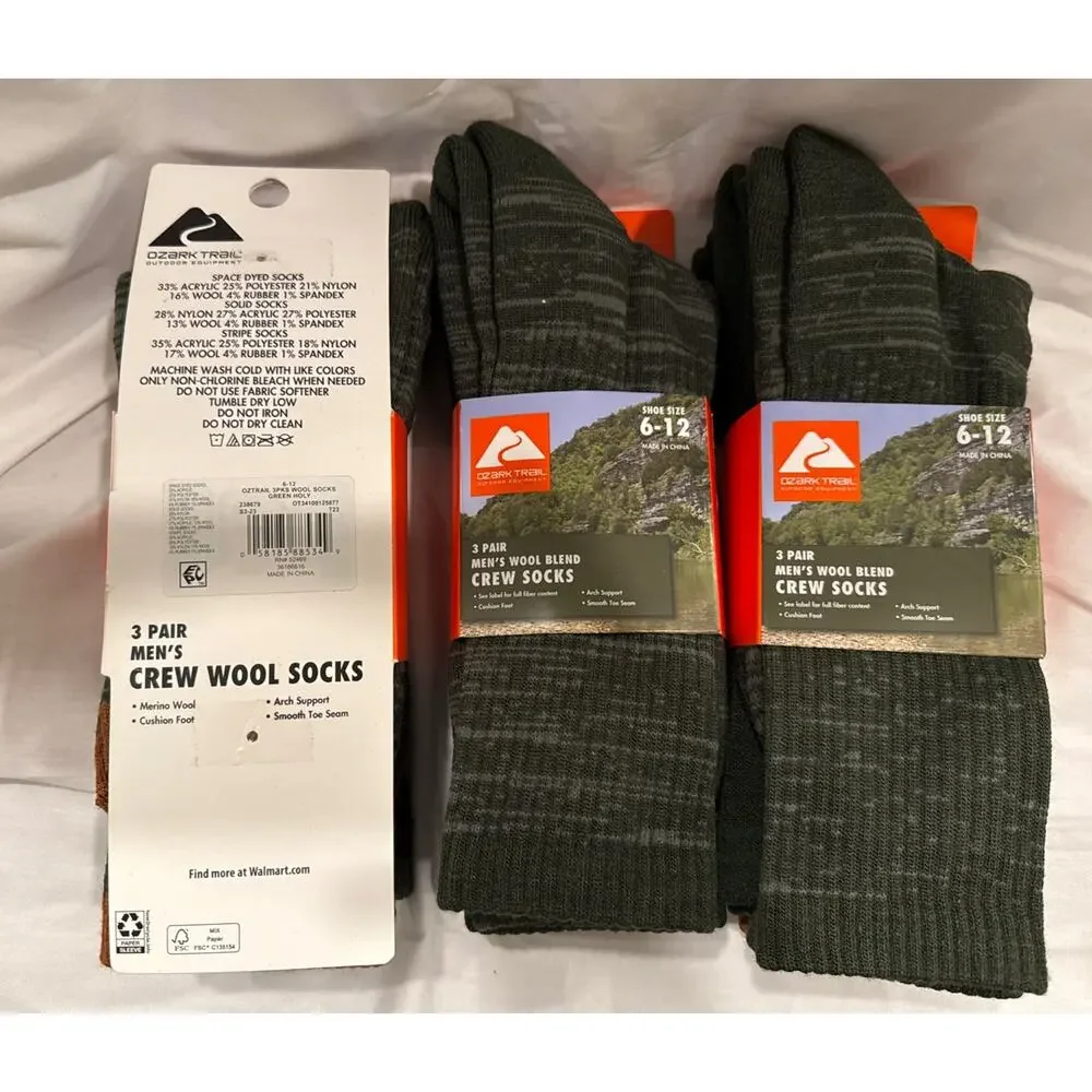 3 Pairs Ozark Trail Crew Socks Arch Support Wool Blend Green Men's Size 6-12 x 3